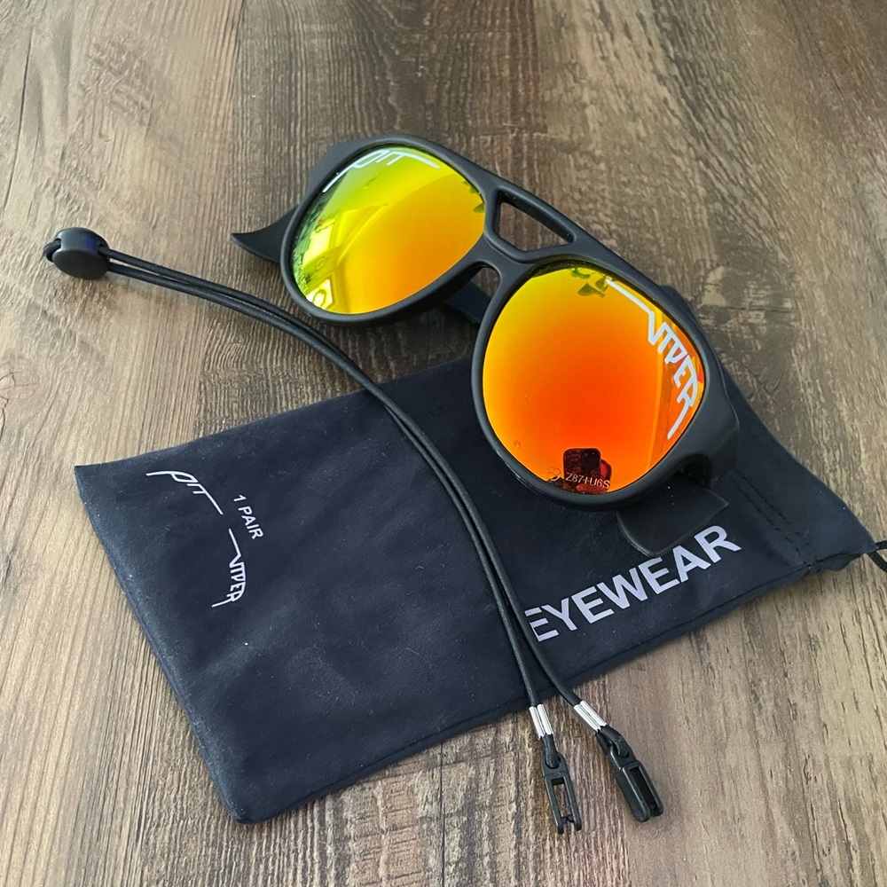 Pit Viper Exciter Sunglasses EUC black with mirrored orange/yellow lenses